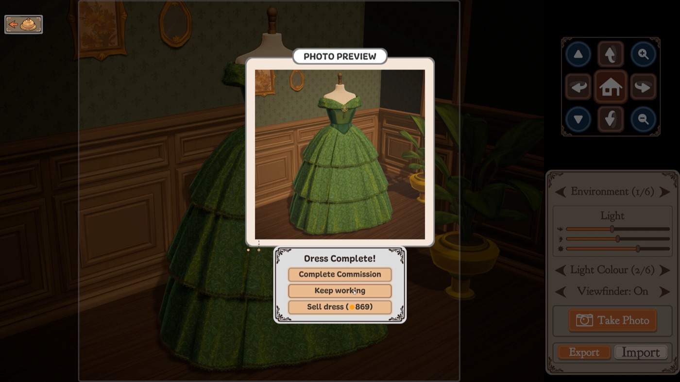 A finished green ballgown on the dress form with a completion dialog offering to complete the commission, keep working or sell the dress
