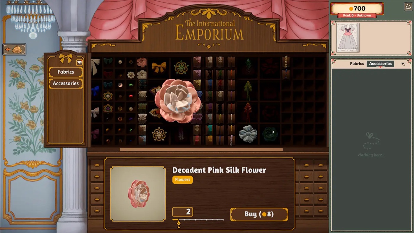 The accessory shelves of the International Emporium with ribbons, lace and applique pieces selected and their price shown below