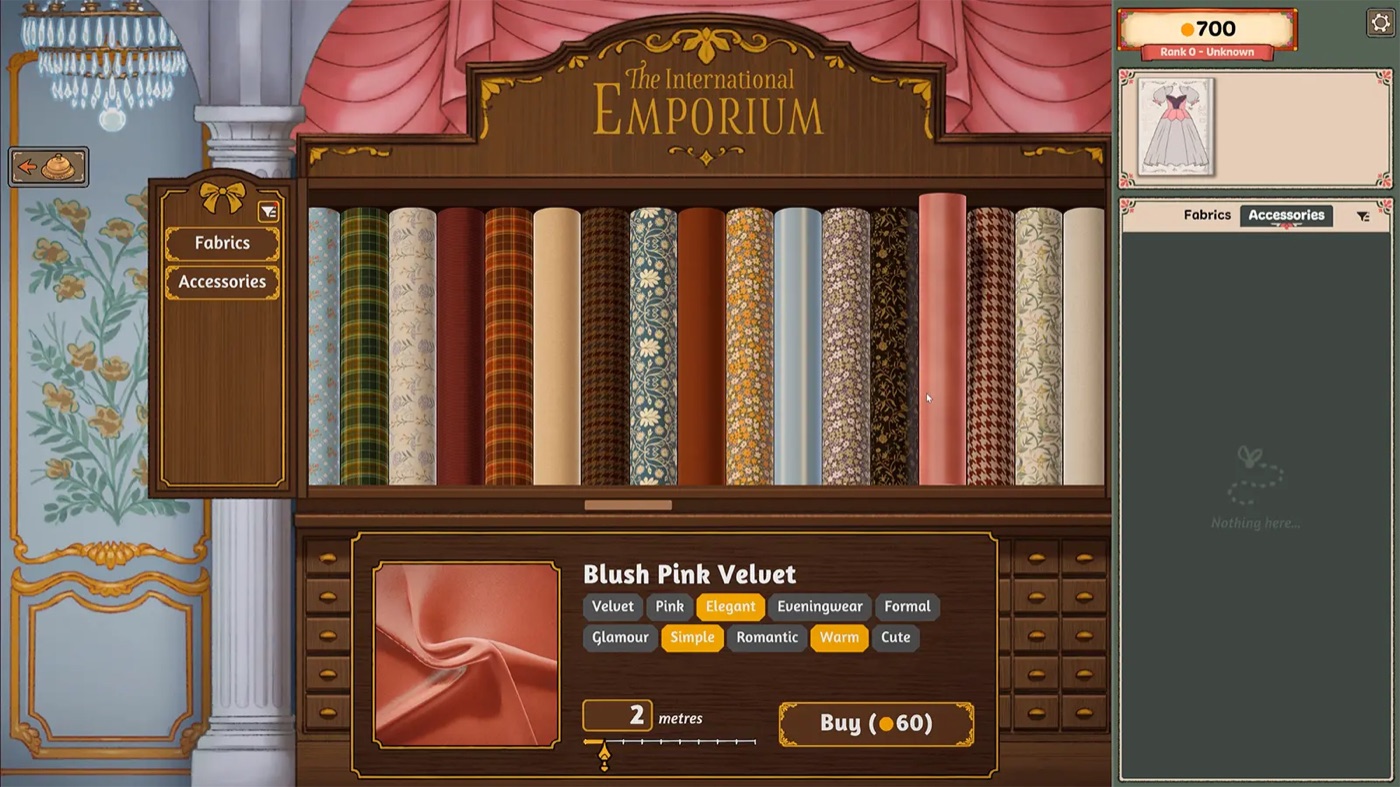 A selected fabric card in the International Emporium showing the item name with a quantity slider and style tags listed below it