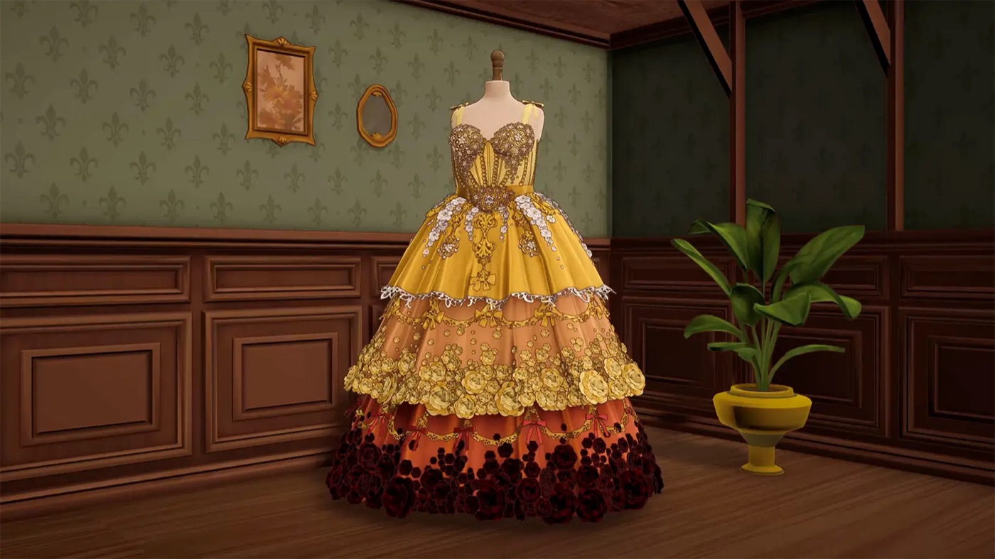 An elaborately decorated multi-tier gown on the dress form in the studio, of the kind several crafting achievements require