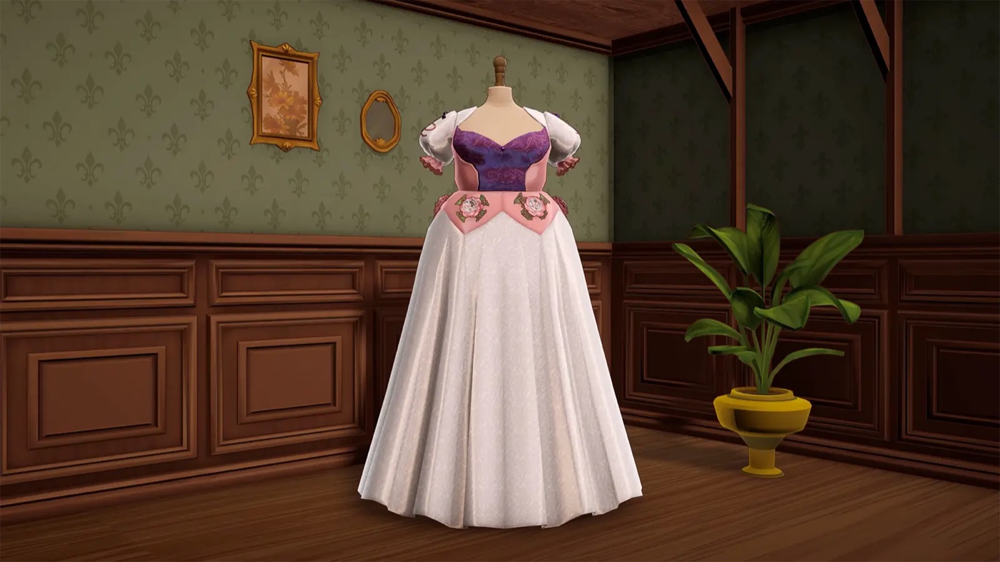 A completed multi-colour gown displayed on the dress form in the studio, built from bodice, sleeve and skirt pieces unlocked through client friendship levels