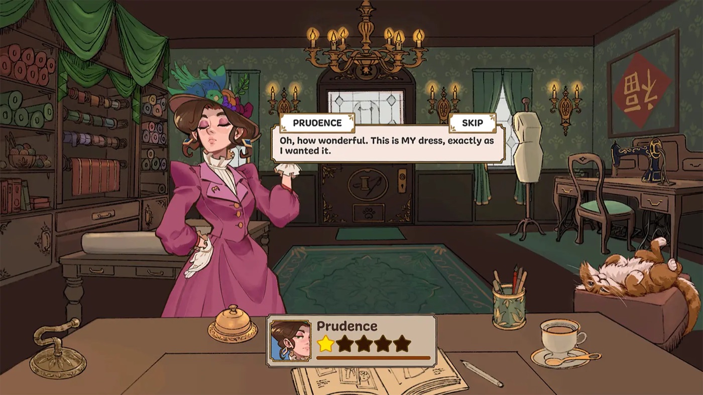A client standing in the shop as a completed dress is handed over, with a dialogue box and a star rating card at the bottom of the screen