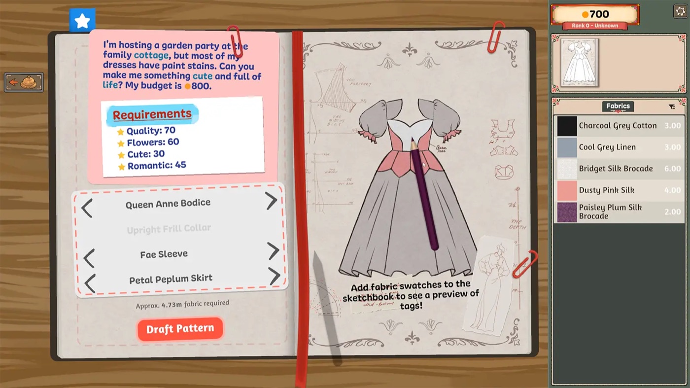 The sketchbook pattern selector showing the currently chosen bodice, sleeve and skirt with the estimated fabric requirement for the design