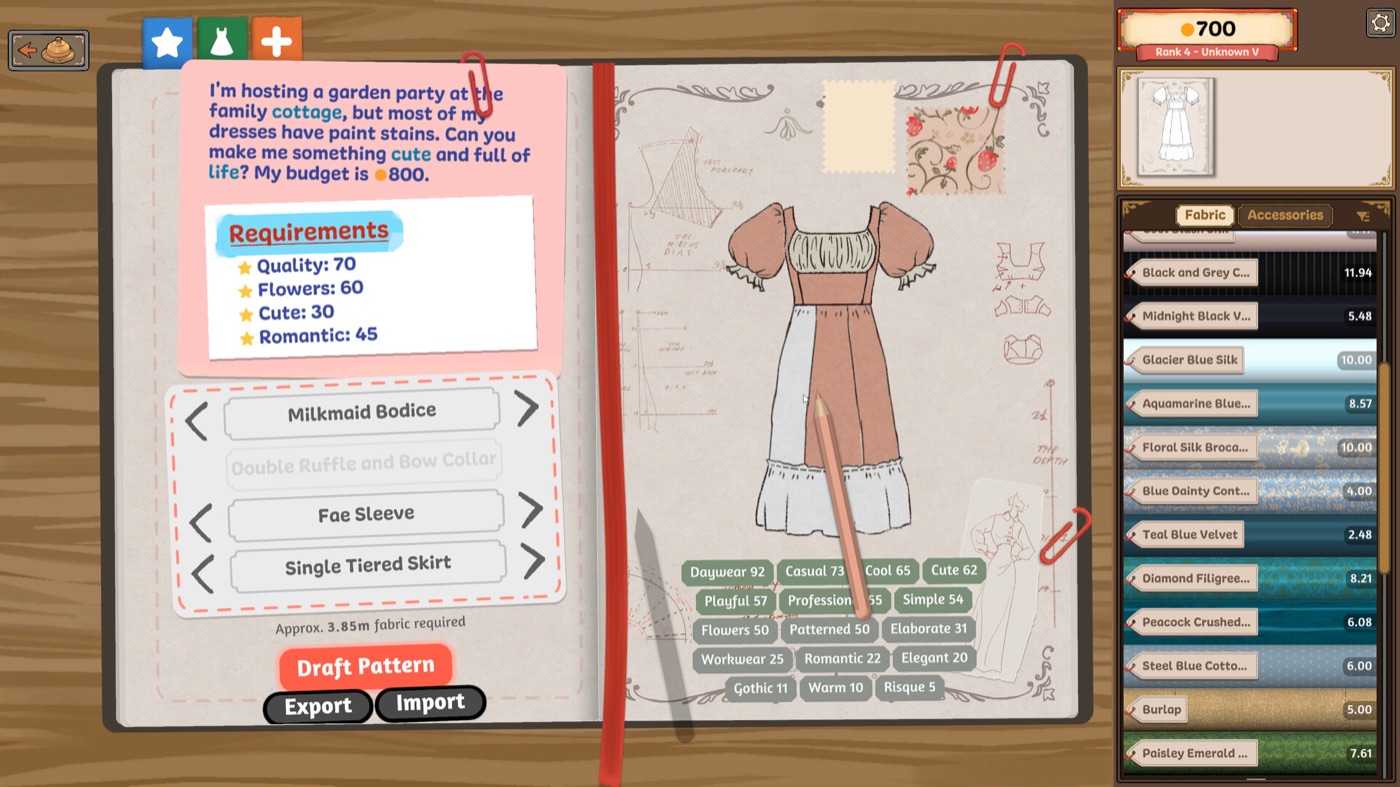 Two pages of the dressmaker's sketchbook, with the client's written request and requirement card on the left and the dress sketch with live style scores on the right