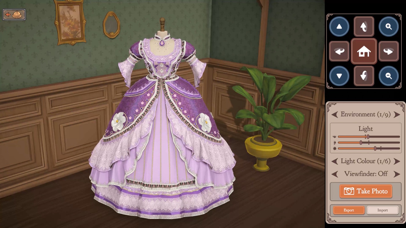 A finished dress on the dress form with the environment and photo controls open, shown after the decoration step is complete